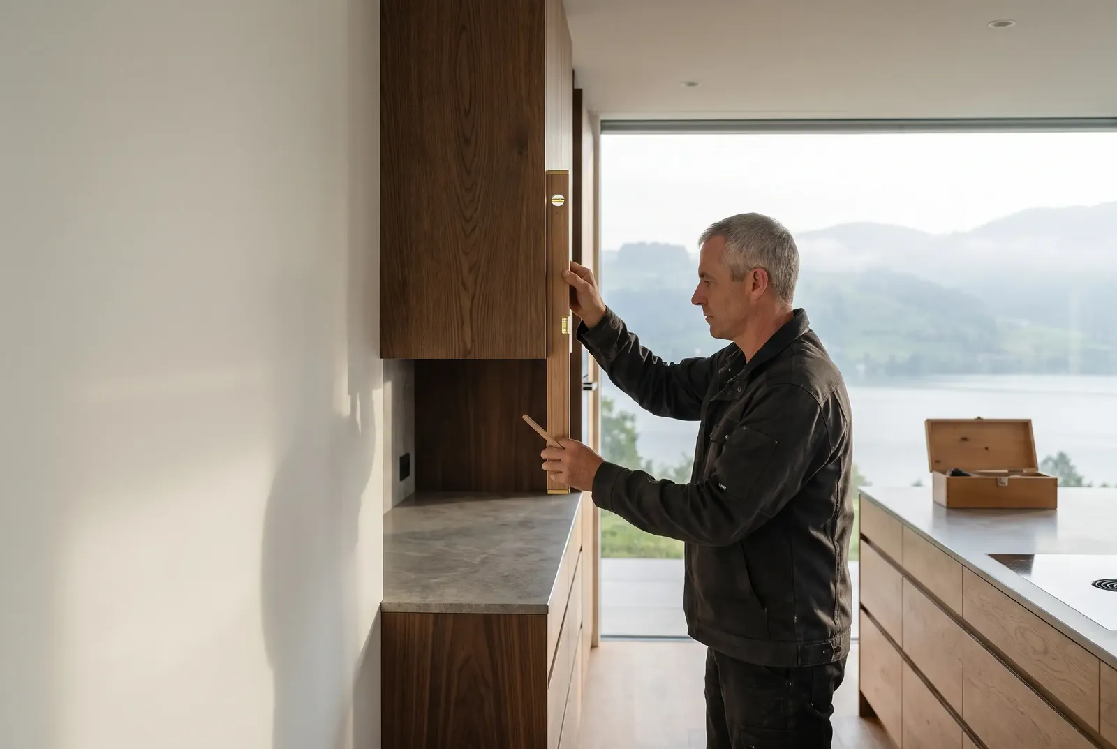 Ein Schreinermeister prüft in einer fertigen Küche aus Nussbaum und Eiche einen Oberschrank mit der Wasserwaage, im grossen Fenster ein See und Hügel im Morgendunst