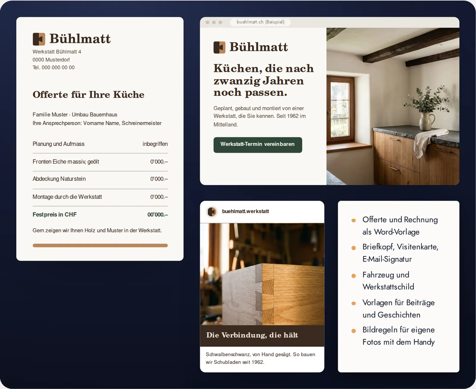 Seite aus dem Musterdokument: Offerte, Webseite und ein Beitrag der erfundenen Schreinerei Bühlmatt, alle im selben Auftritt, dazu die Liste der Vorlagen