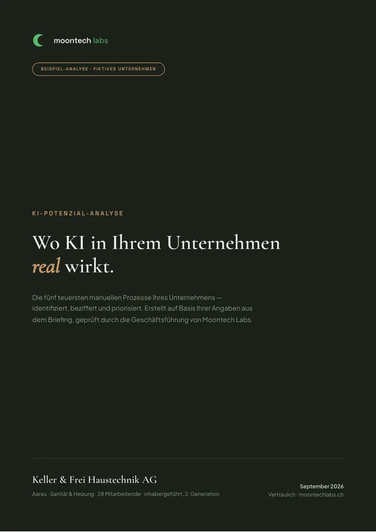 Title page of the sample report (in German): where AI really works in your company, for a fictitious building services company