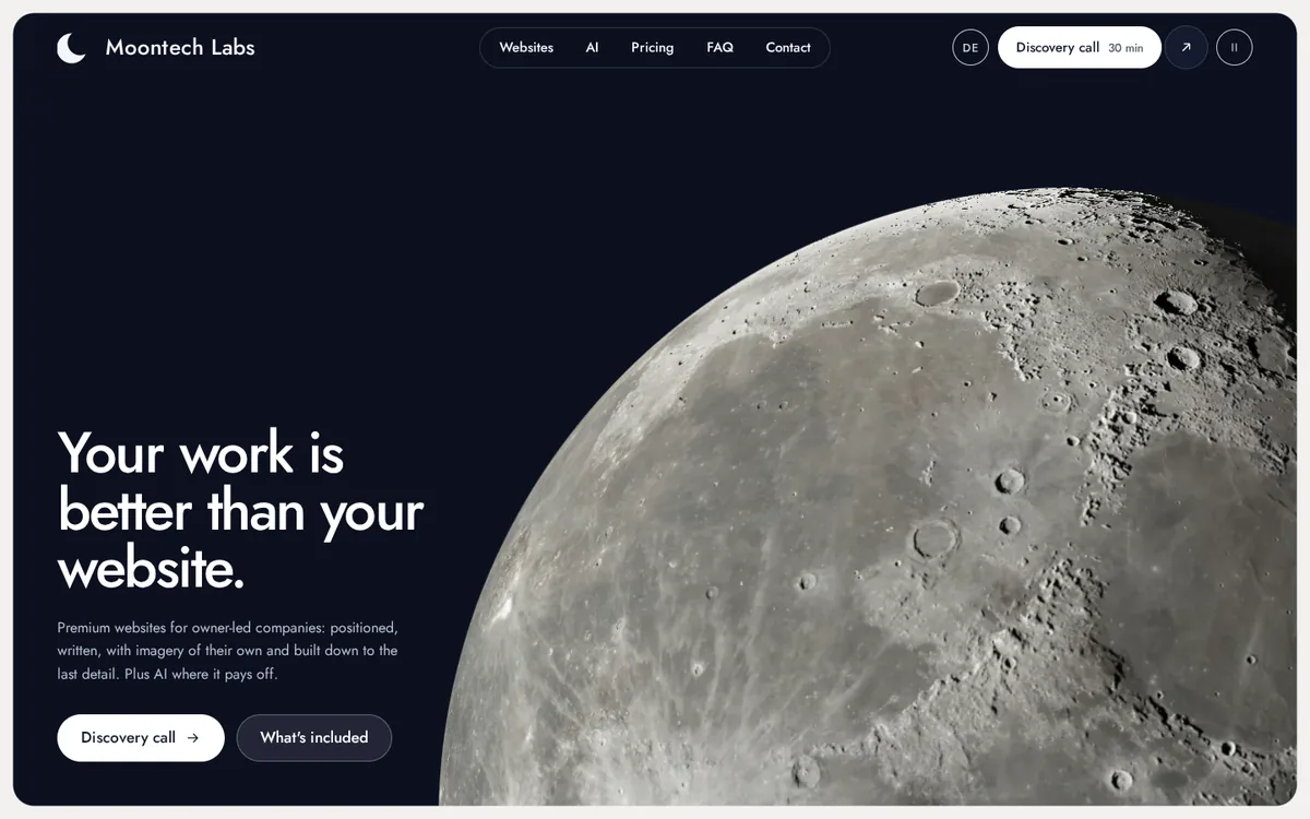 Home page of Moontech Labs: the moon as a 3D rendering next to the line “Your work is better than your website.”